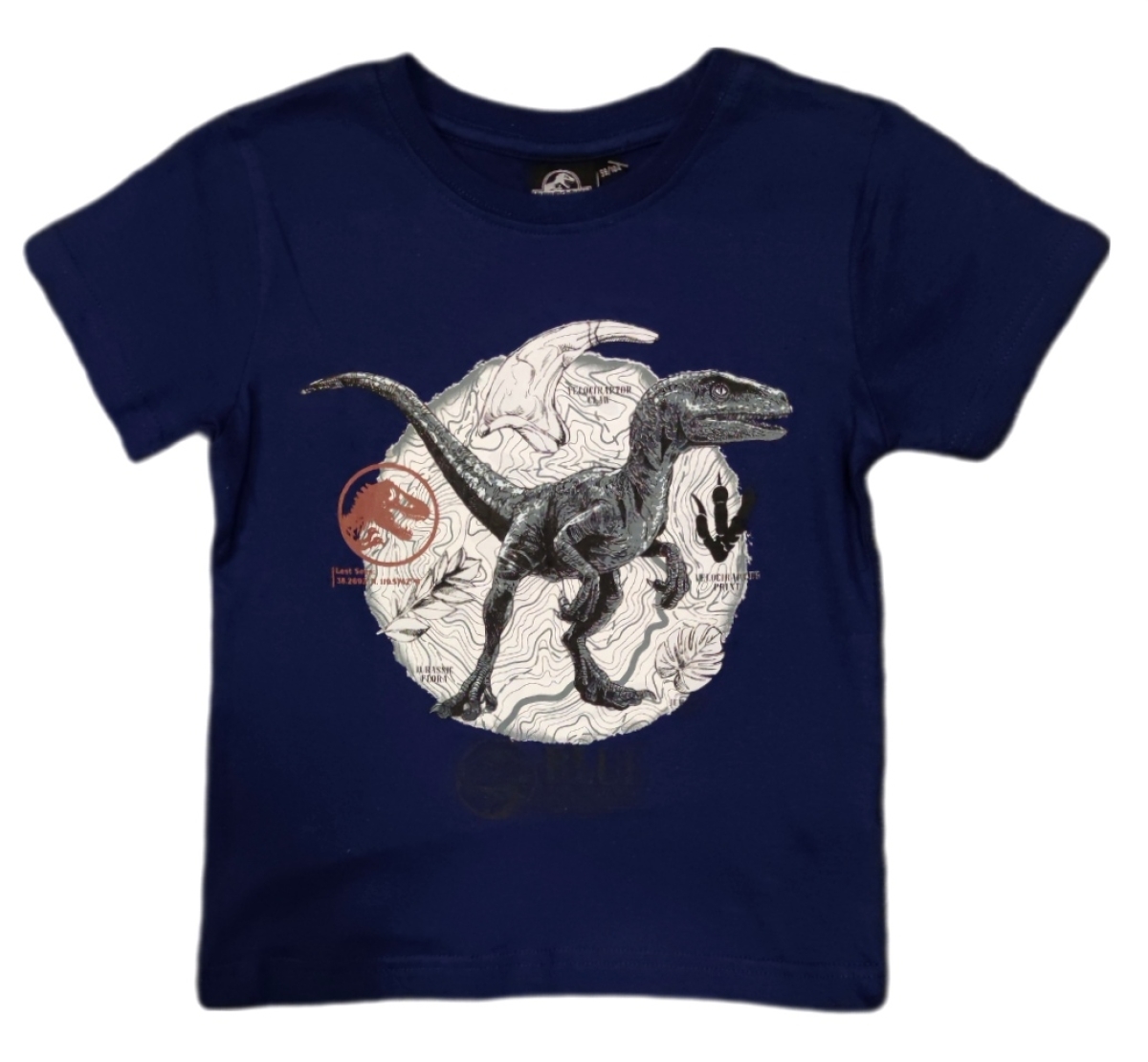 T-Shirt mit Velociraptor Dinosaurier aus Jurassic World. Die Farbe des Shirts ist Blau